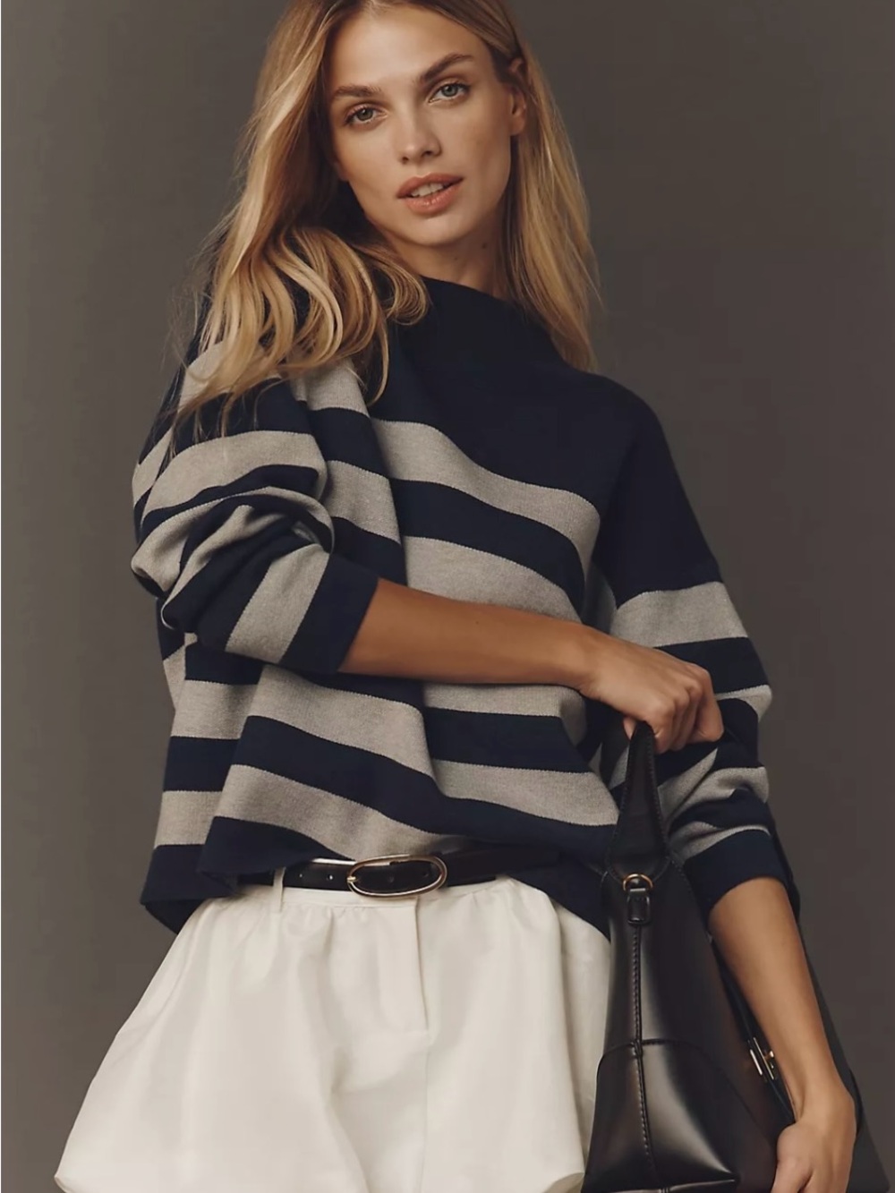 Anthropologie By Maeve Carys Mock Neck Sweater NWT Grey Stripe Size Extra Small